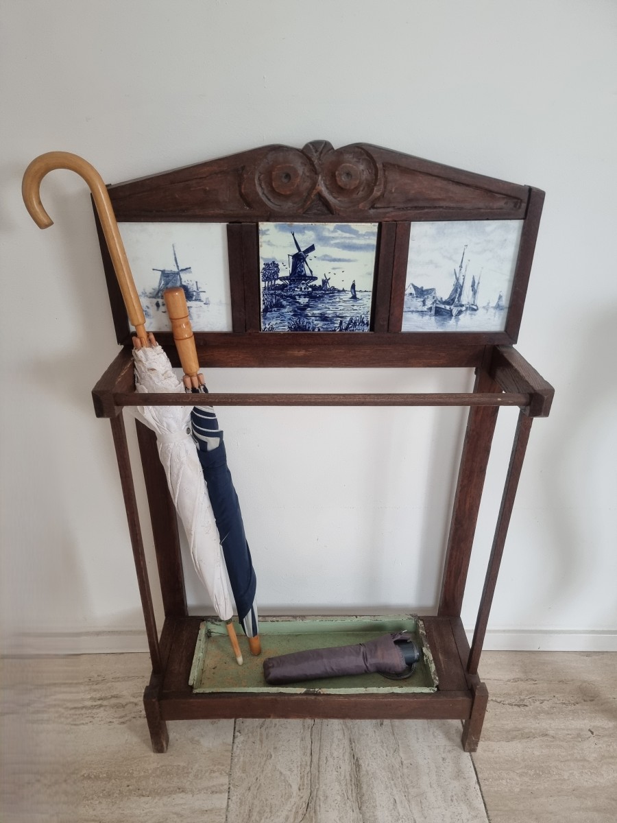 antieke houten paraplubak tegeltjes